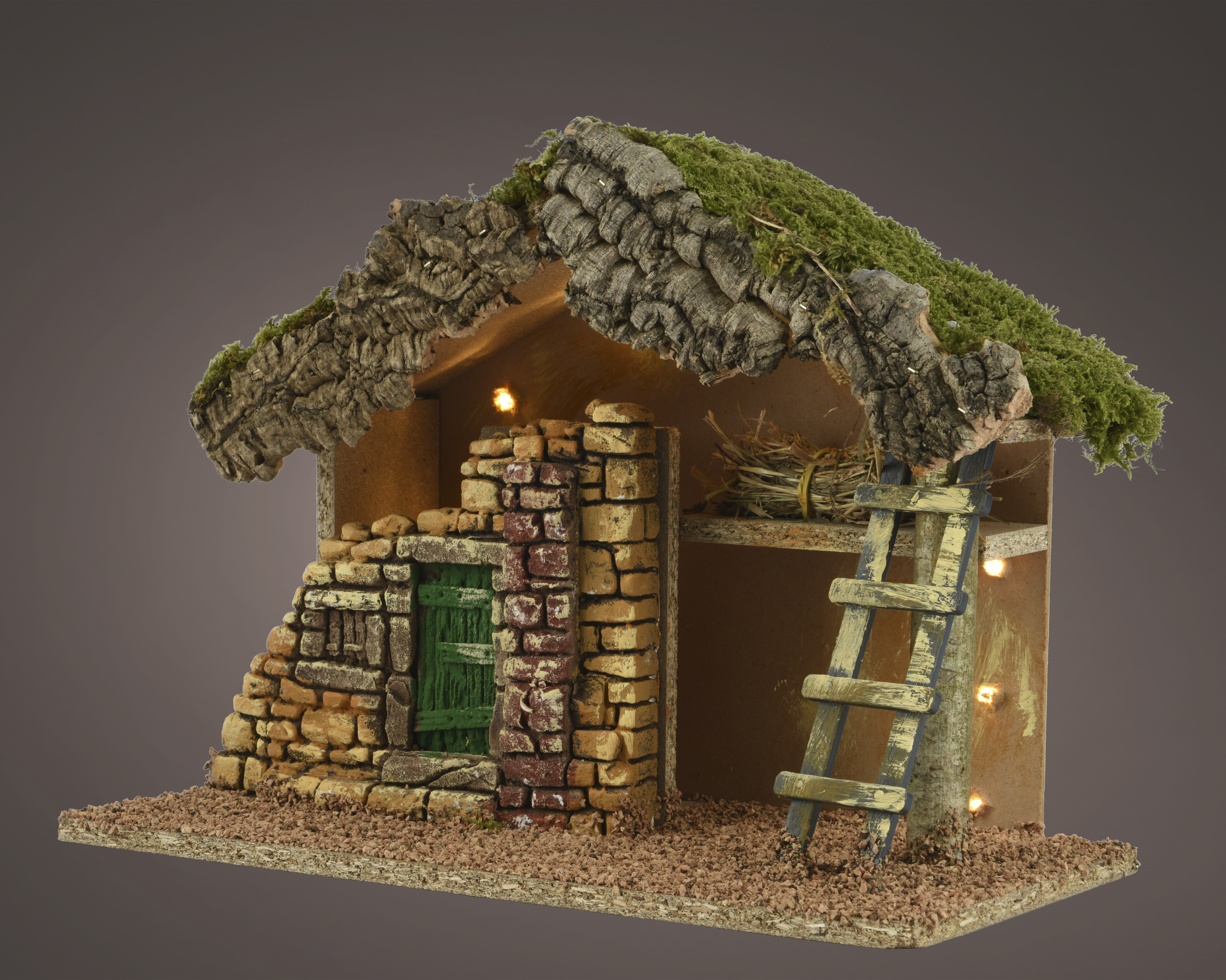 Kerststal Hout Naturel/Mosdak 32x17x24 cm  - 10 LED Lights