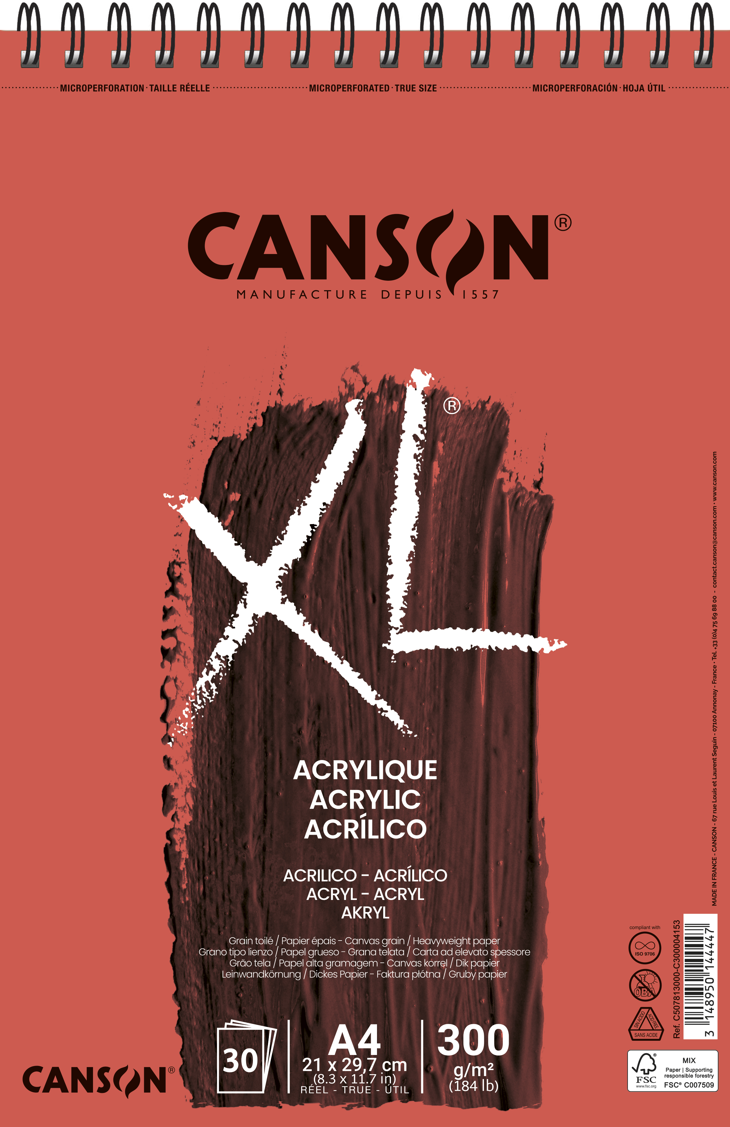 Canson Tekenblok XL Acrylic A4 Wit Spiraal 300g 30 vel