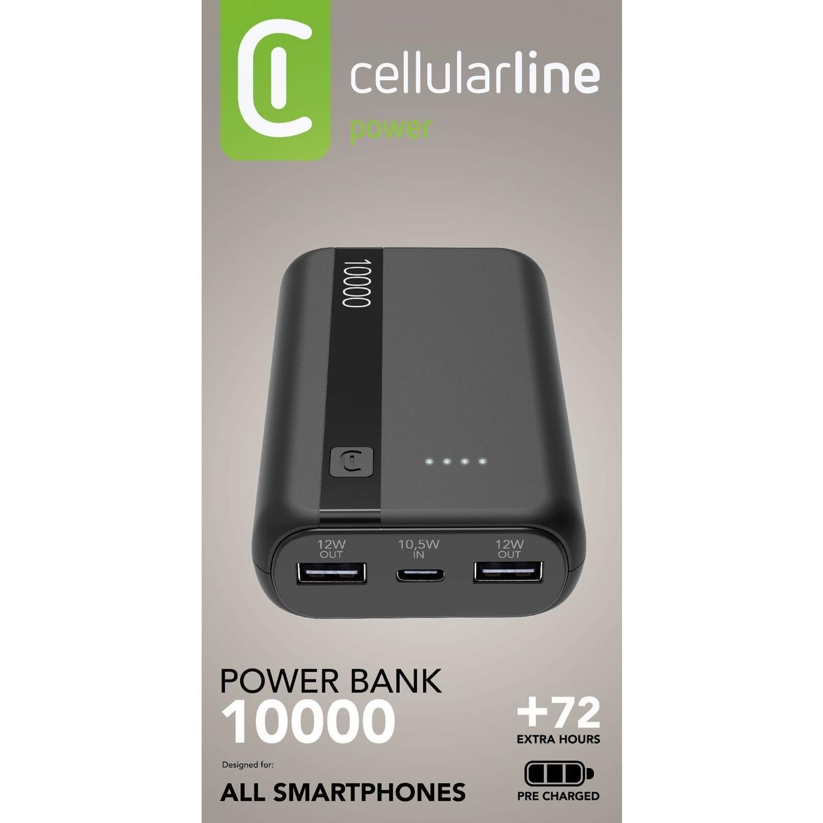 Cellularline Powerbank Charger Entry, 10.000mAh - 2x USB-A Output + 1x USB-C Input, Zwart