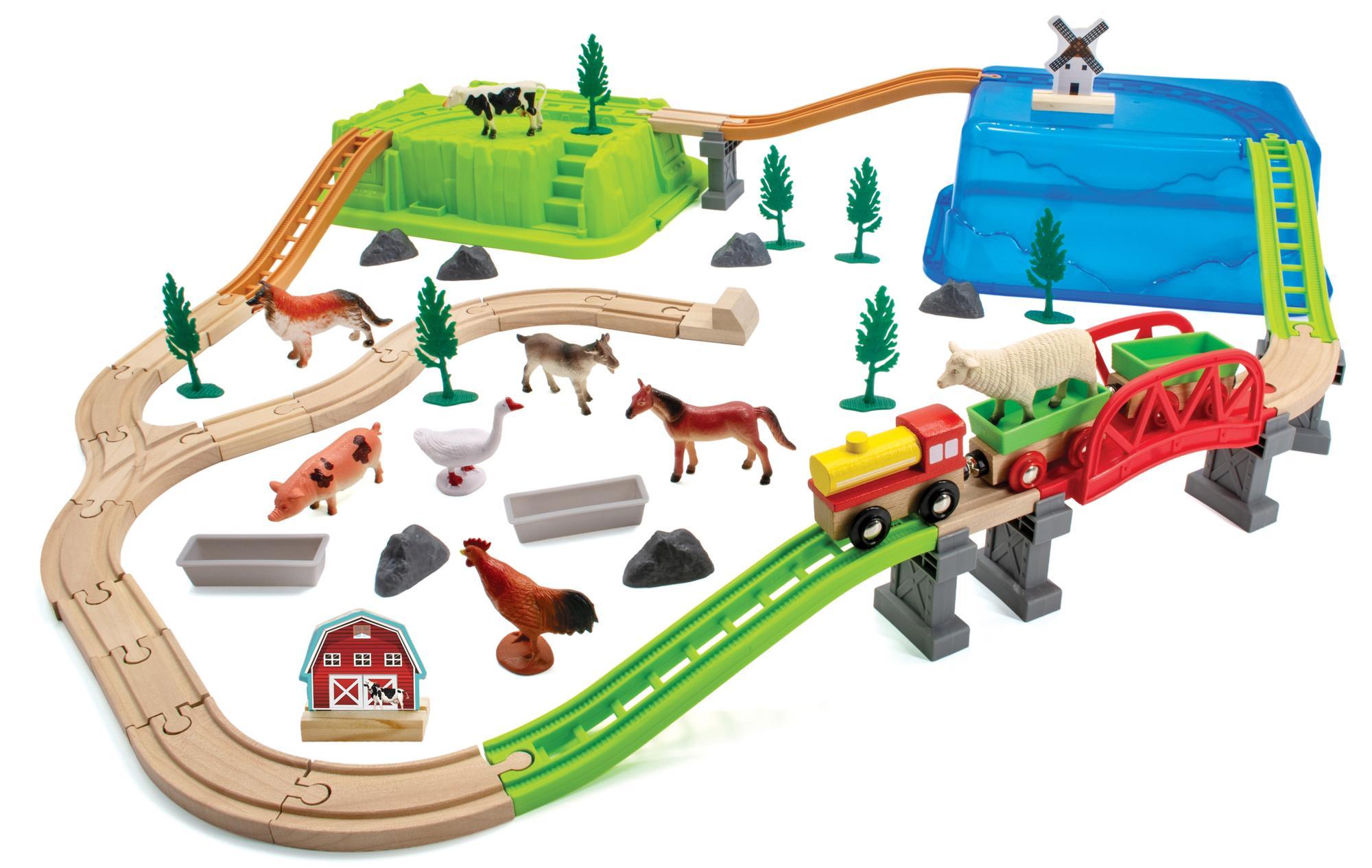 Houten Treinset 60-delig, met boerderijdieren en opbergkoffer