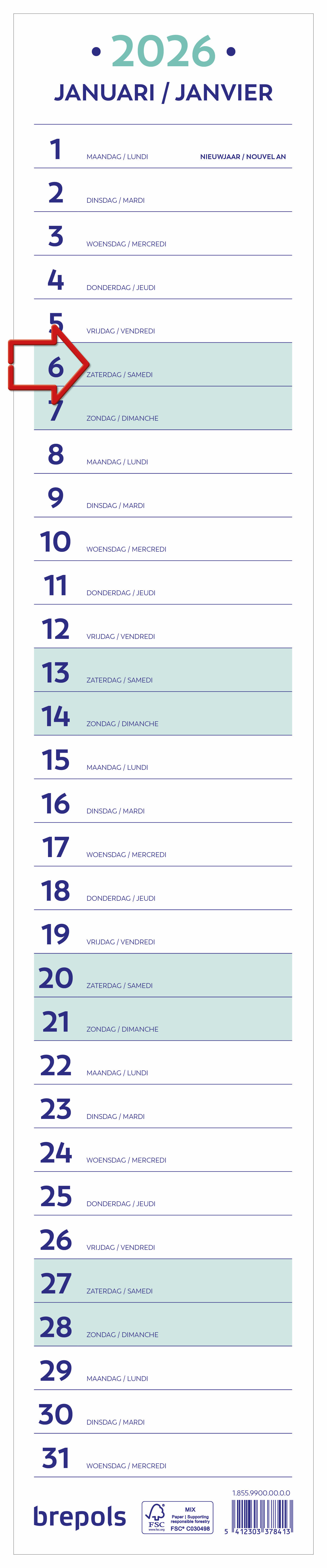 Brepols Lintkalender 2026 - 11x56.5 cm