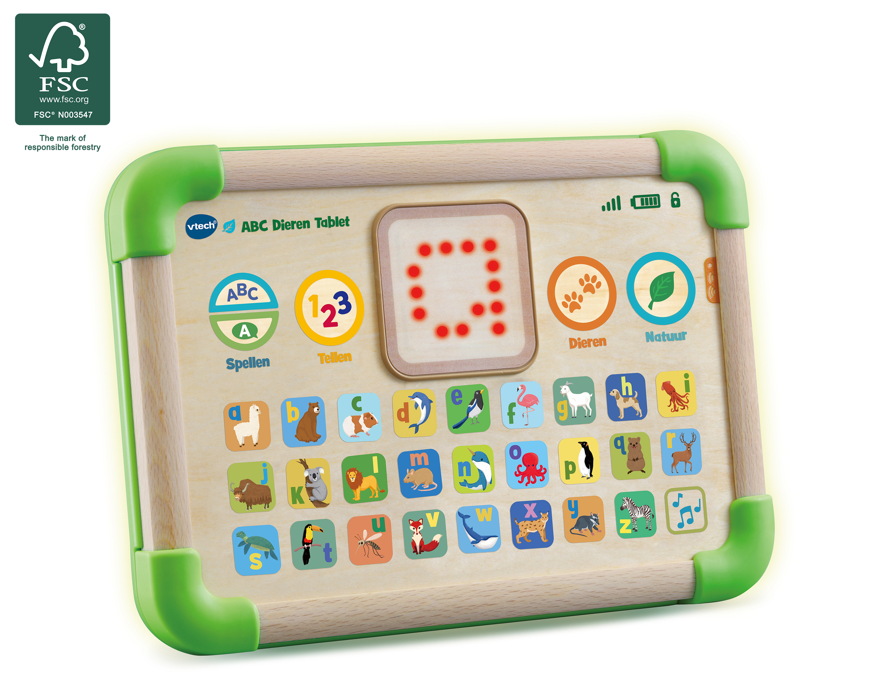 VTech ABC Dieren Tablet met LCD scherm 100% FSC hout, 90% gerecycleerde plast.