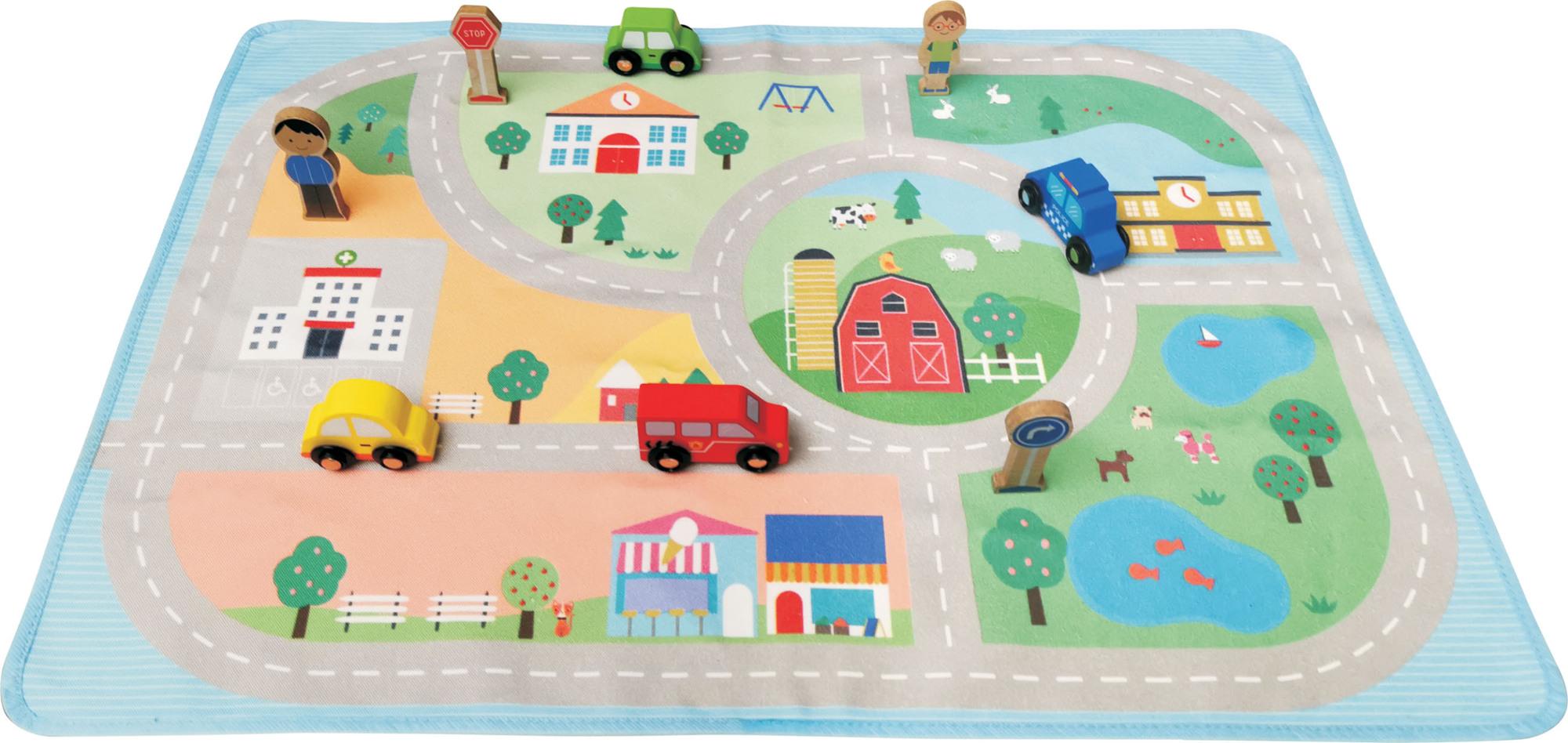 Verkeerstapijt 50 x 70 cm met houten voertuigen en figuren, 9 delig