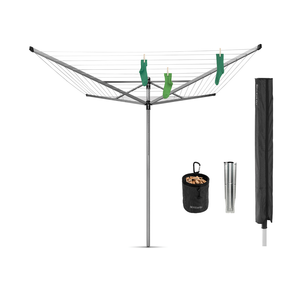 Brabantia Droogmolen Lift-O-Matic Advance 60m Metallic Grey - met Hoes, Wasknijpertasje & Grondanker - Staal