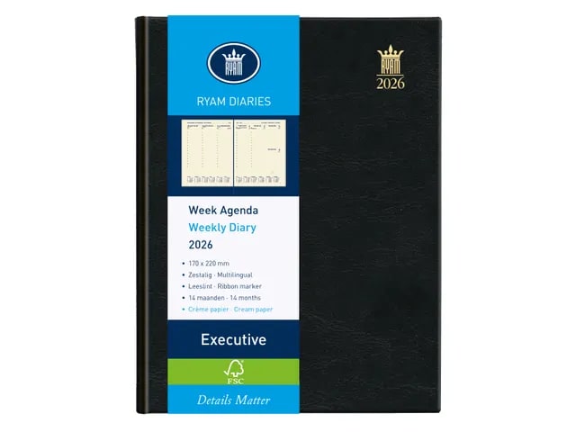 Ryam Agenda 2026 Executive Mundior Creme 1week/2pag Zwart 17x22 cm