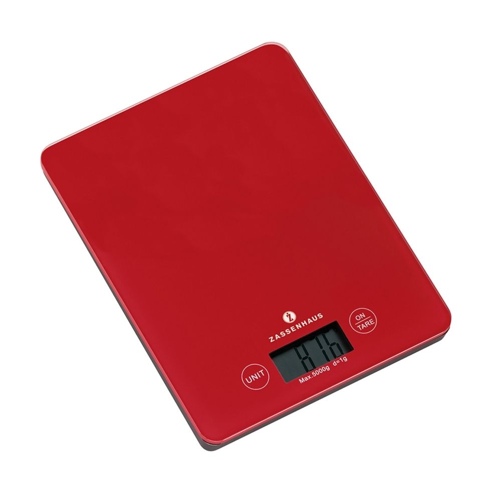 Zassenhaus Keukenweegschaal Balance Red 16x21 cm - Digitaal - Glas - tot 5kg - op 1g - met LCD-scherm