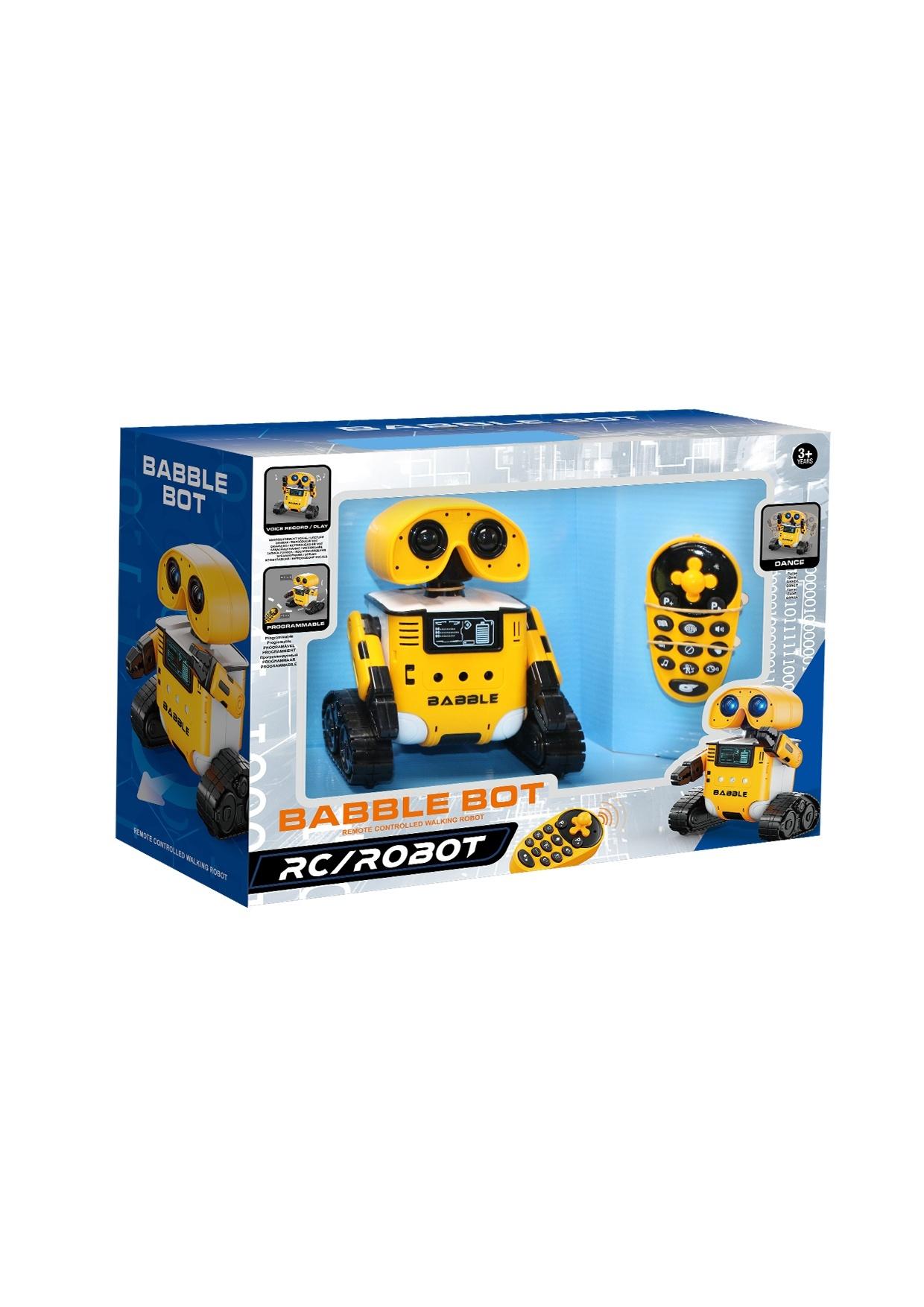 Babble Bot, gele robot programeerbaar, danst, reageert op beweging