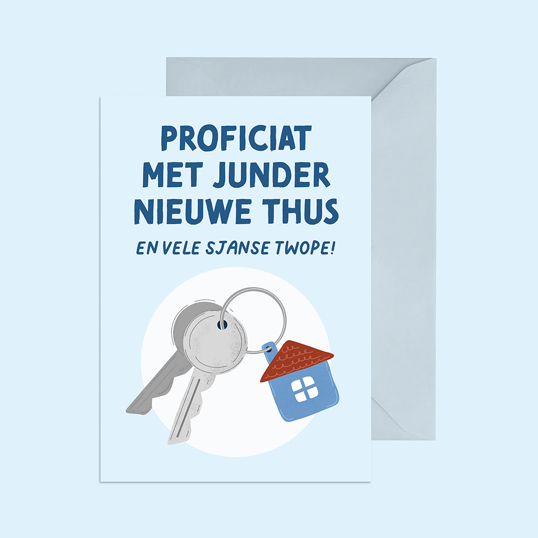 Papier Olé West-Vlaamse Wenskaart - Proficiat met junder nieuwe thus (en vele sjanse twope!)