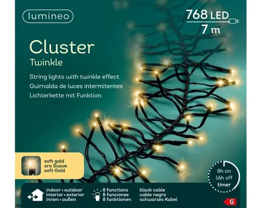Kerstverlichting LED Cluster Twinkle 7m - 768 Lights - Black/Soft Gold - In/Outdoor