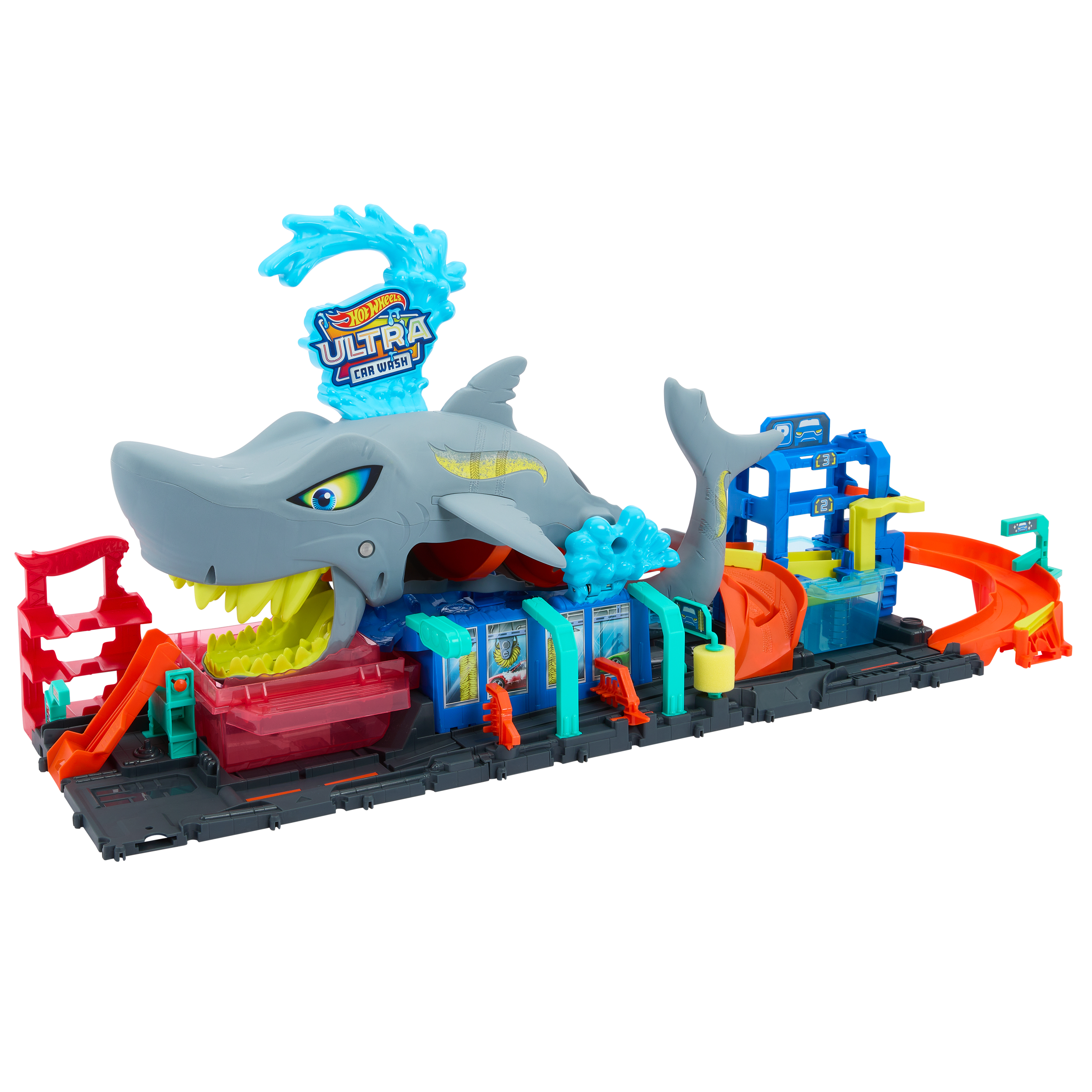 Hot Wheels Ultra Shark Car Wash, Haaienaanval in de autowasserette,met 1 Color Change auto