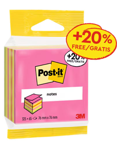 Post-It Notes Kubus Neon 76x76 mm 325 + 65 vel gratis - 2014LPP