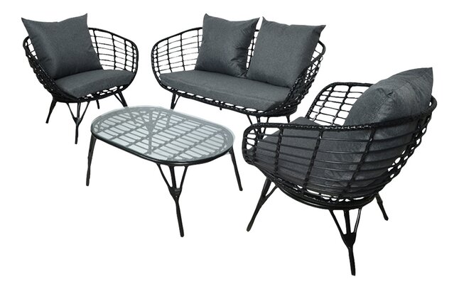 Decoris Loungeset Evora Wicker Zwart met Glazen Tafelblad