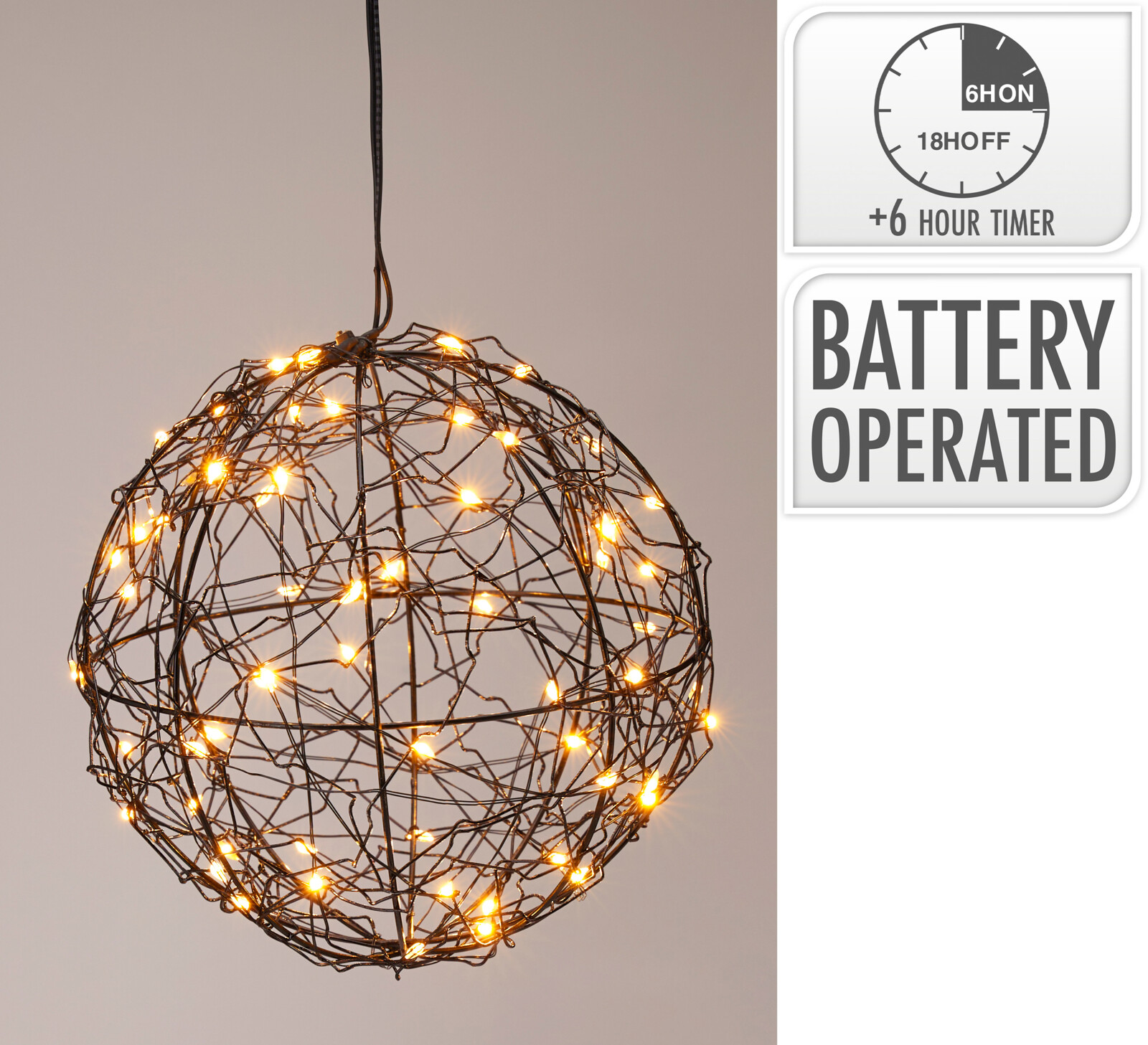 Bal LED Zwart 15cm - Metaal - 60 led - Warm Wit - met Batterijen (excl.)