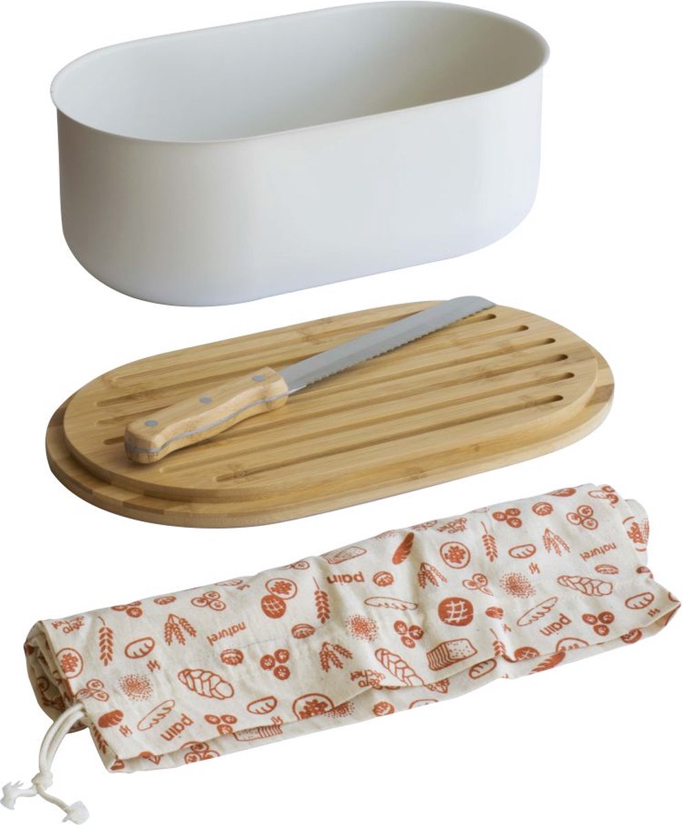 Pebbly Broodtrommel Crème 36x20x13 cm - Deksel als Snijplank - met Broodmes 32cm &  Broodzak Katoen - Metaal/Bamboe