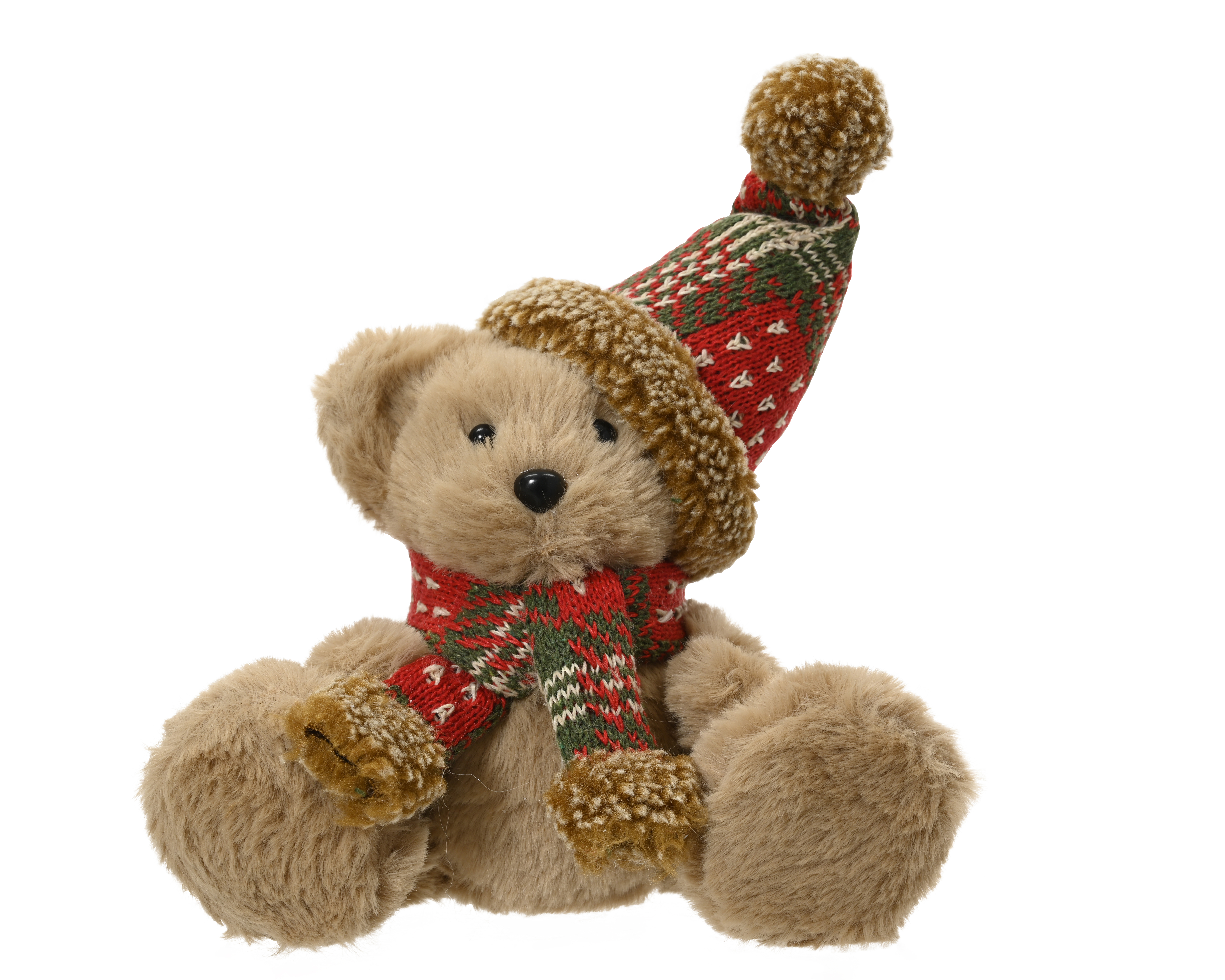 Beer Zittend met Muts en Sjaal 18x11x20 cm - Faux Fur