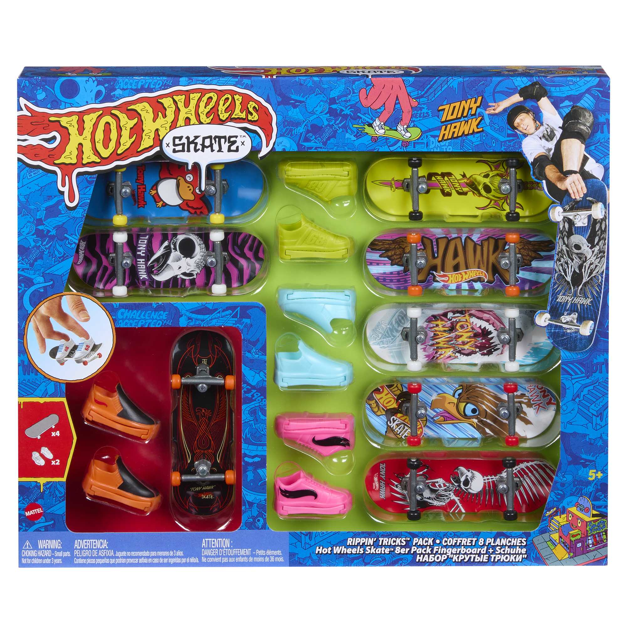 Hot Wheels Skate Ripping trick pack, 8 vingerboards en 4 paar bijpassende skateschoenen met Tony Hawk-