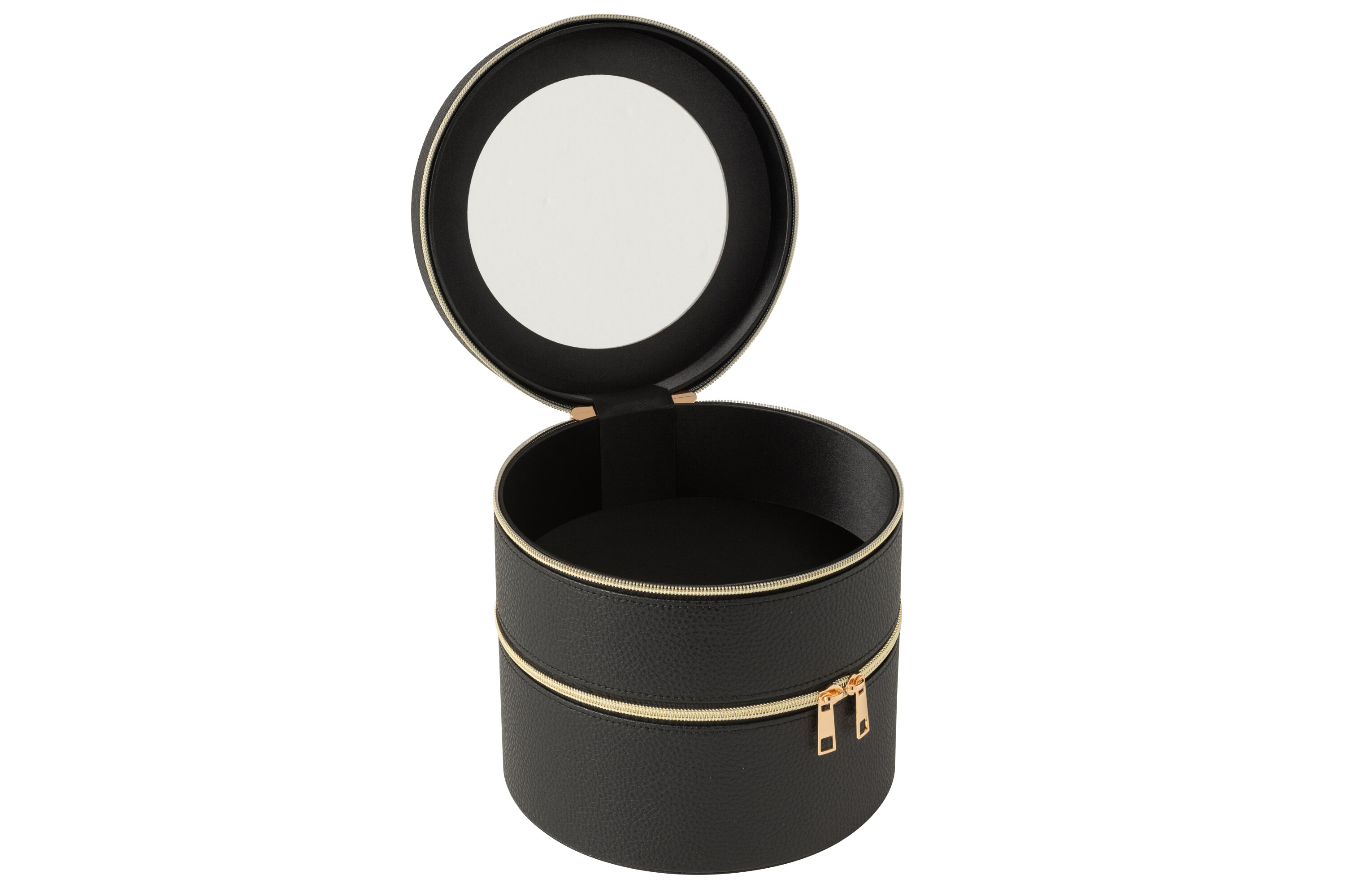 J-Line Make-updoos met Spiegel Zwart 19.5x19 cm - Rond - Kunstleder - Juwelenbox