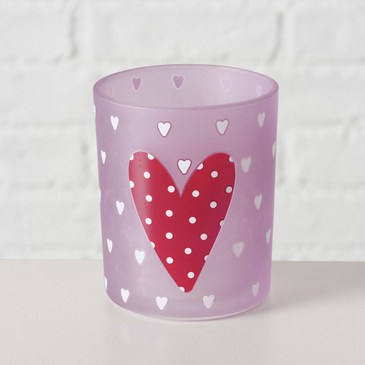 Boltze Home Theelichthouder Milena 10cm - Glas - Roze/Hartjes - assorti - prijs per stuk