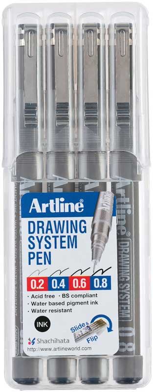 Artline Drawing System Tekenpen set 0.2/0.4/0.6/0.8 Zwart - 4 stuks