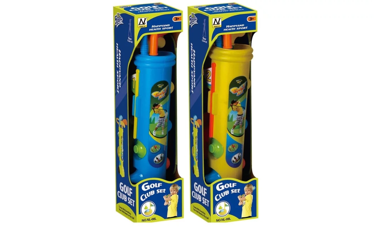 Golf Set in Koker op wielen, 3 clubs, 3 ballen, 1 hole, 1 vlag + 2 tee