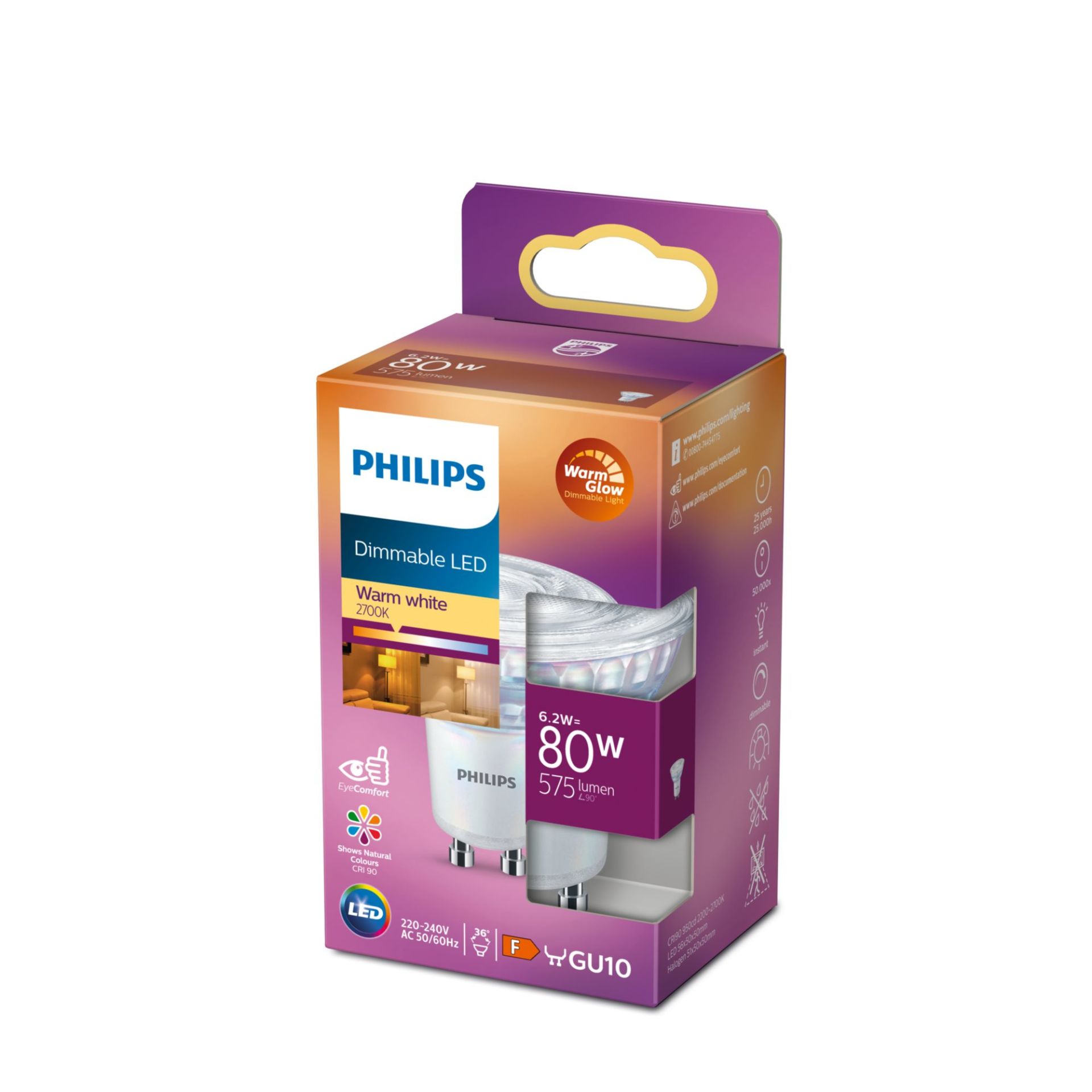 Philips LED Spot 36D GU10 6.2W 575lm 2700K Dimbaar