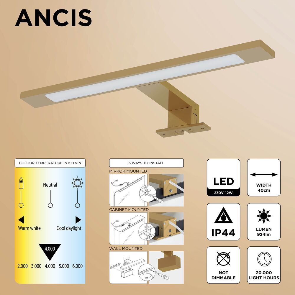 Tiger Ancis Badkamerlamp LED 40 cm Messing Geborsteld - 4000K