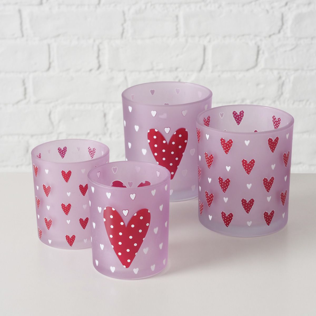Boltze Home Theelichthouder Milena 10cm - Glas - Roze/Hartjes - assorti - prijs per stuk