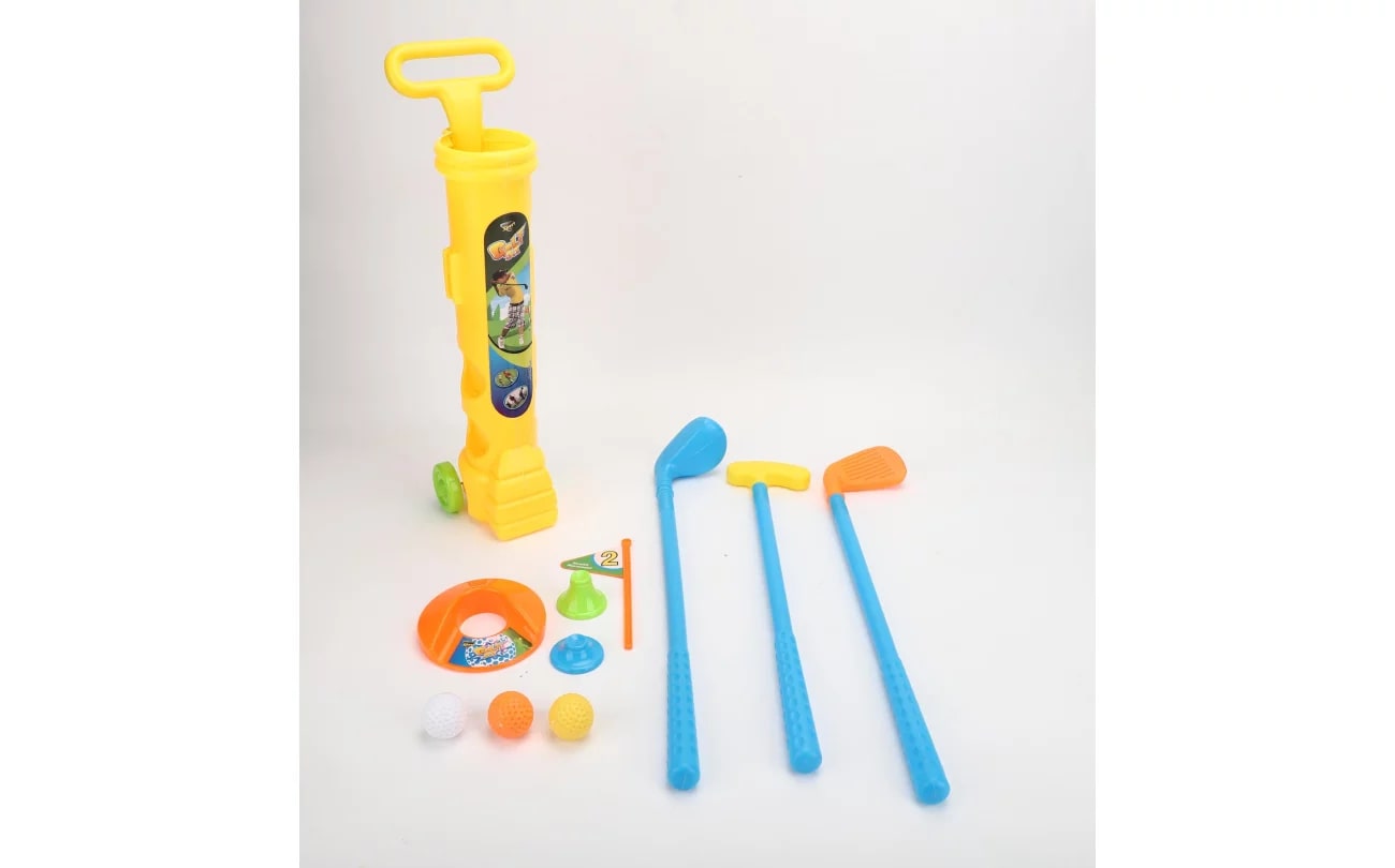 Golf Set in Koker op wielen, 3 clubs, 3 ballen, 1 hole, 1 vlag + 2 tee