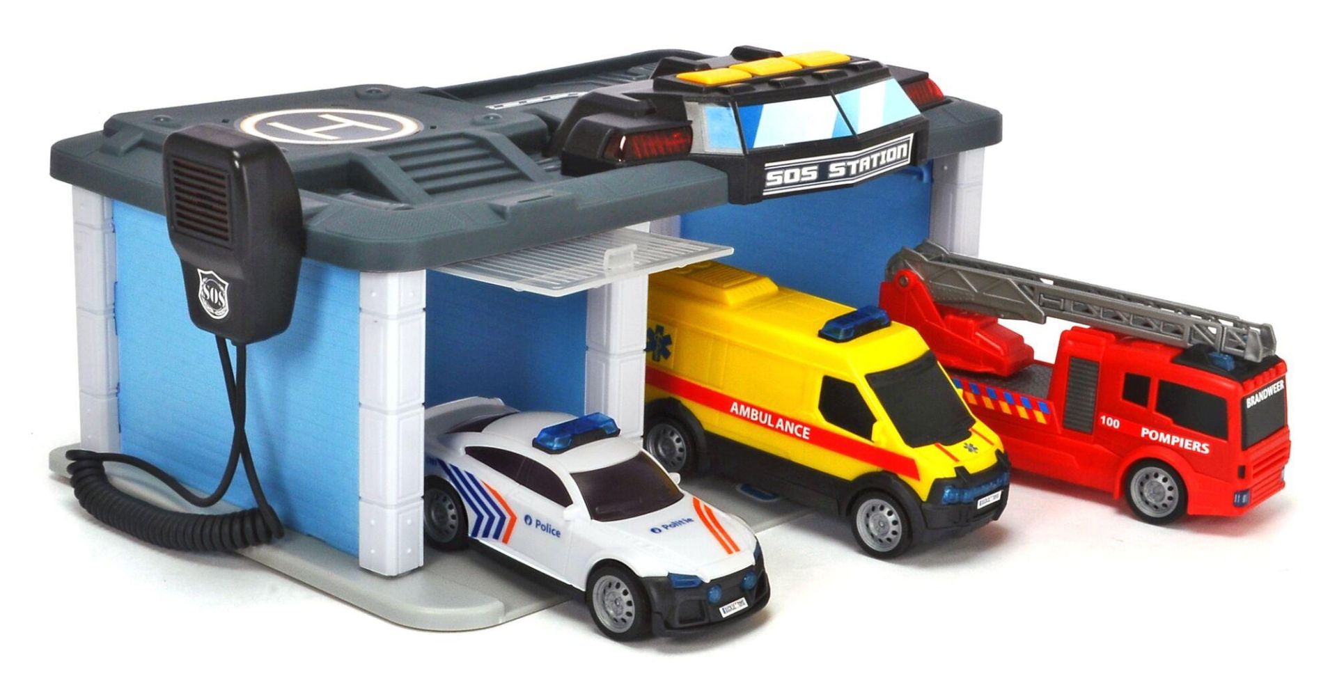 SOS Garage met 3 Belgische Reddingswagens licht en geluid,
