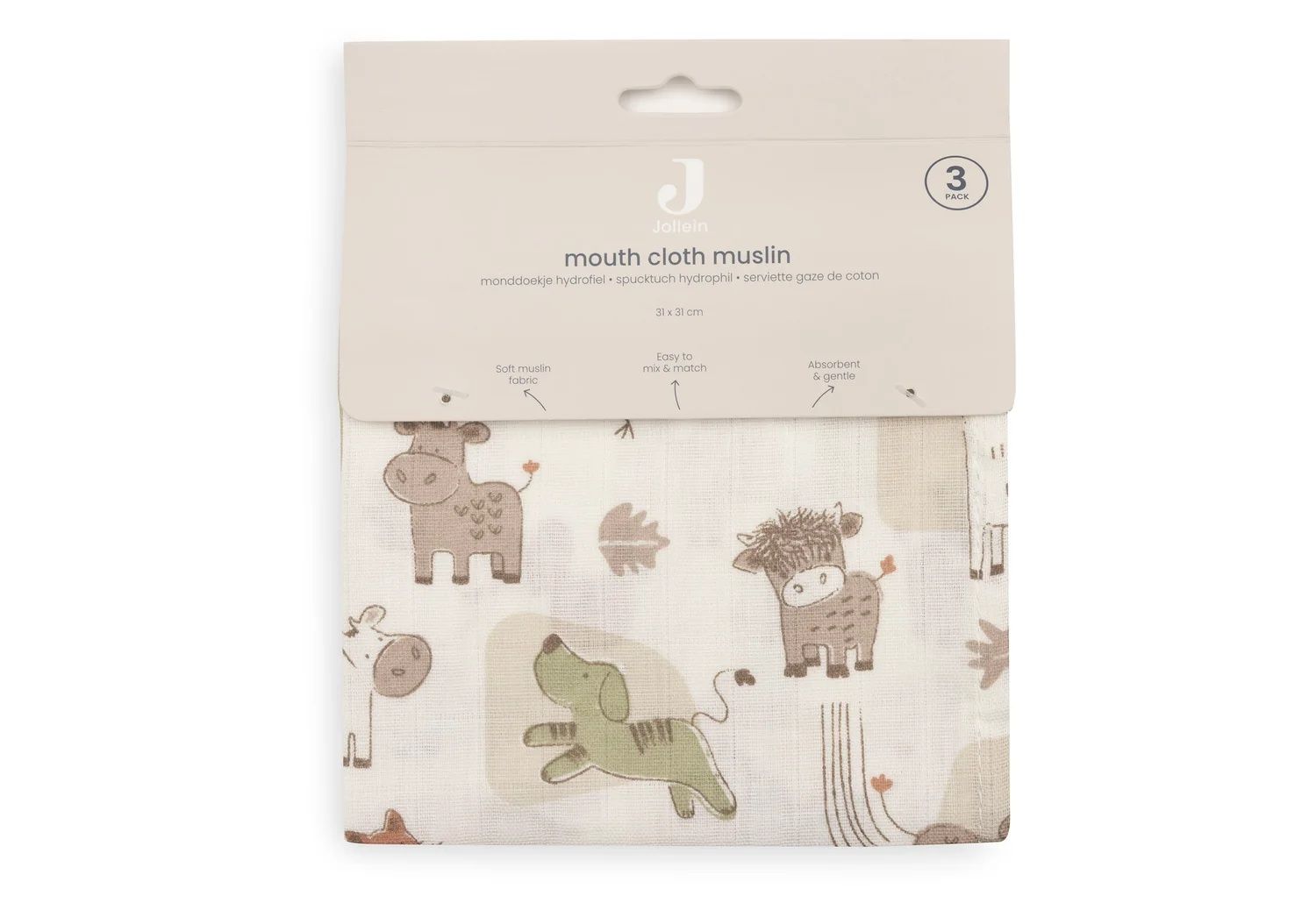 Jollein Monddoekje Tetra Barn Buddies 31x31 cm - 3 stuks