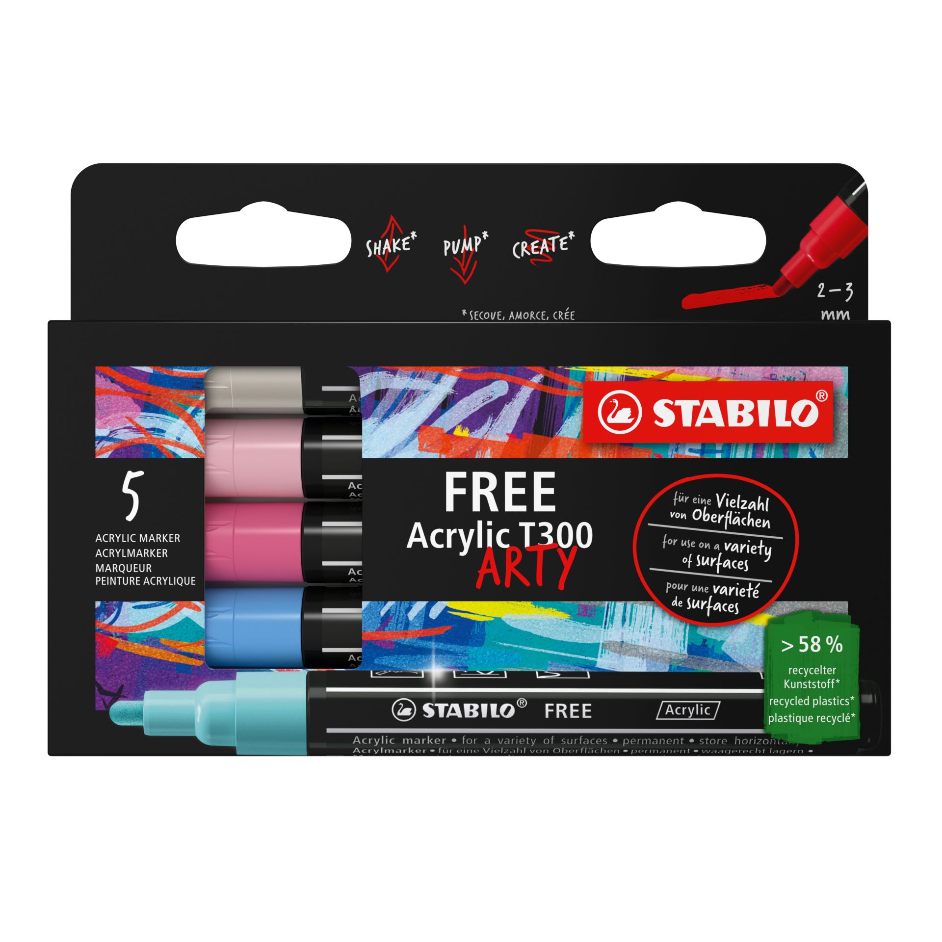 STABILO FREE Acryl Marker Arty T300 2-3 mm Pastel 5 stuks