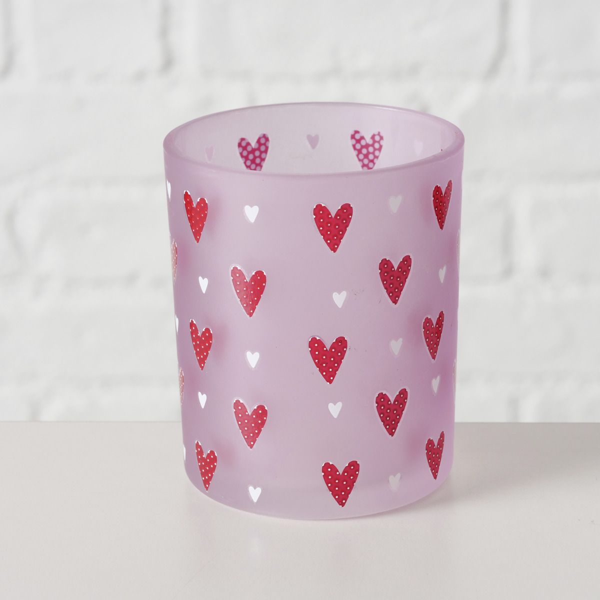 Boltze Home Theelichthouder Milena 10cm - Glas - Roze/Hartjes - assorti - prijs per stuk