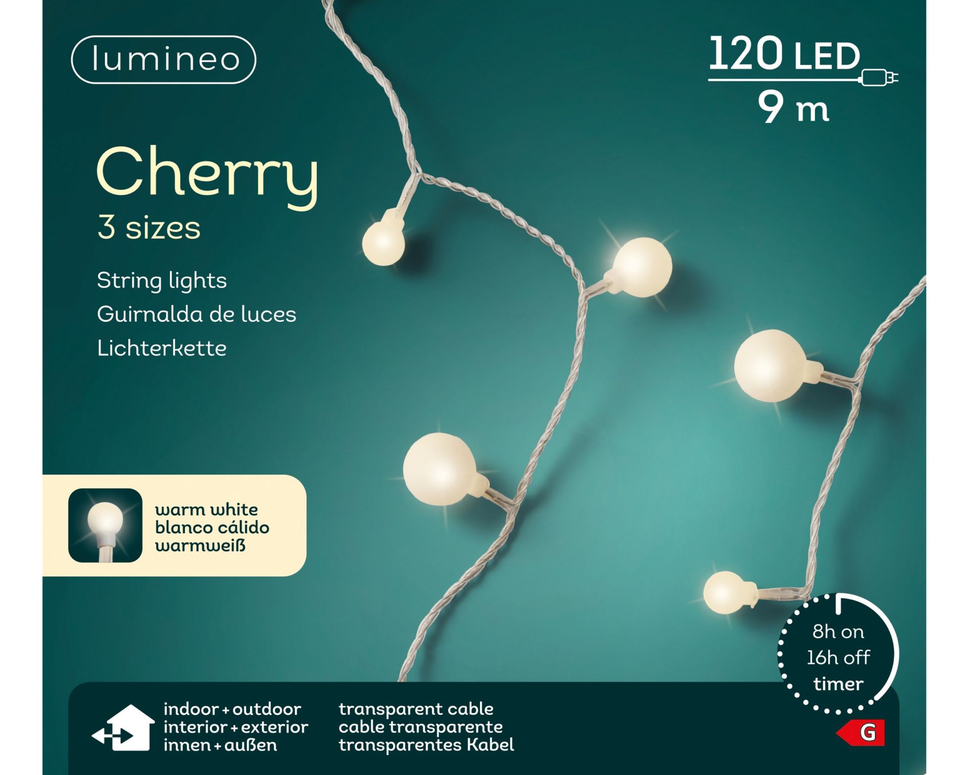 Kerstverlichting LED Cherry 9m - 120 leds - Transparent/Warm White - In/Outdoor