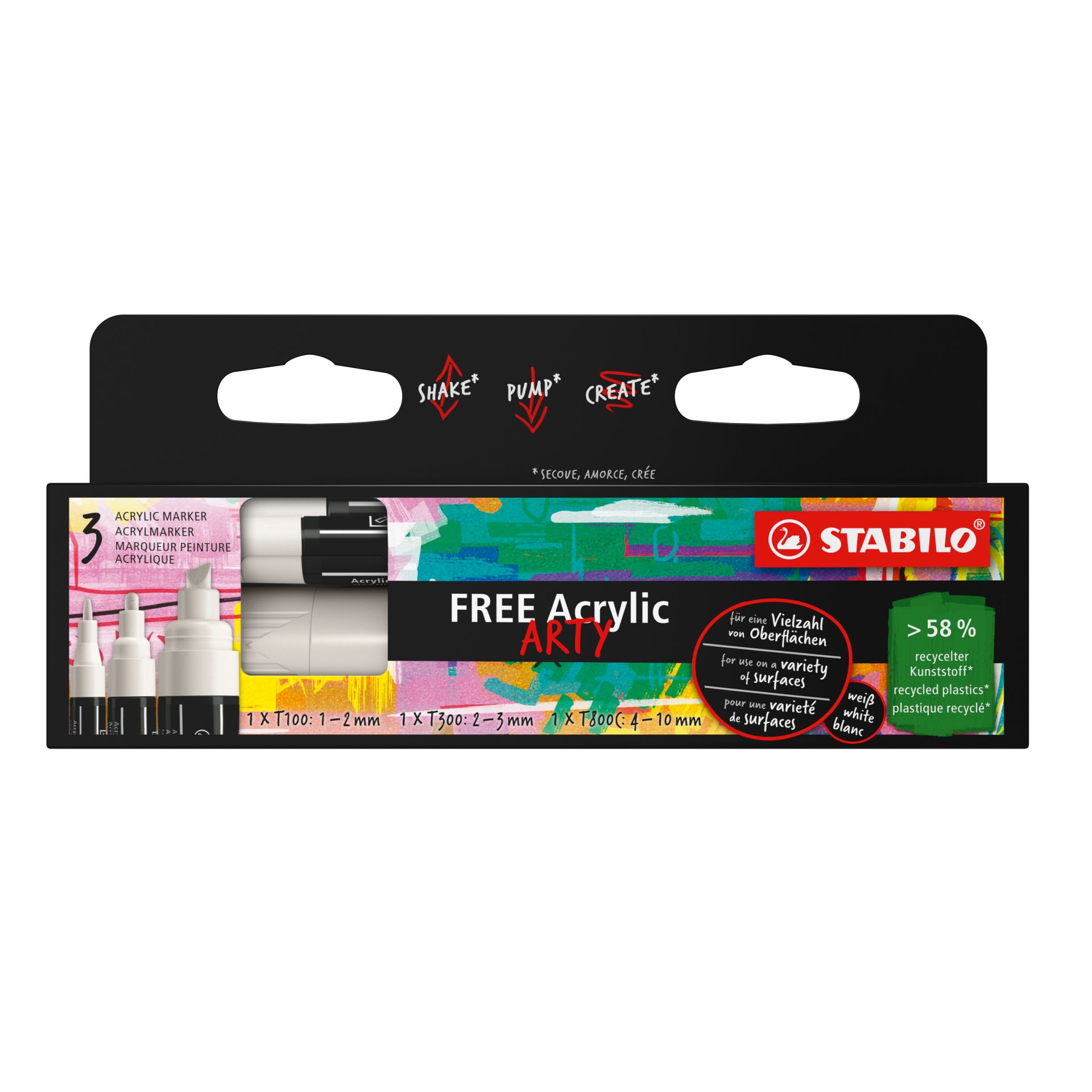 STABILO FREE Acryl Marker Arty T100-T300-T800 Wit 3 stuks