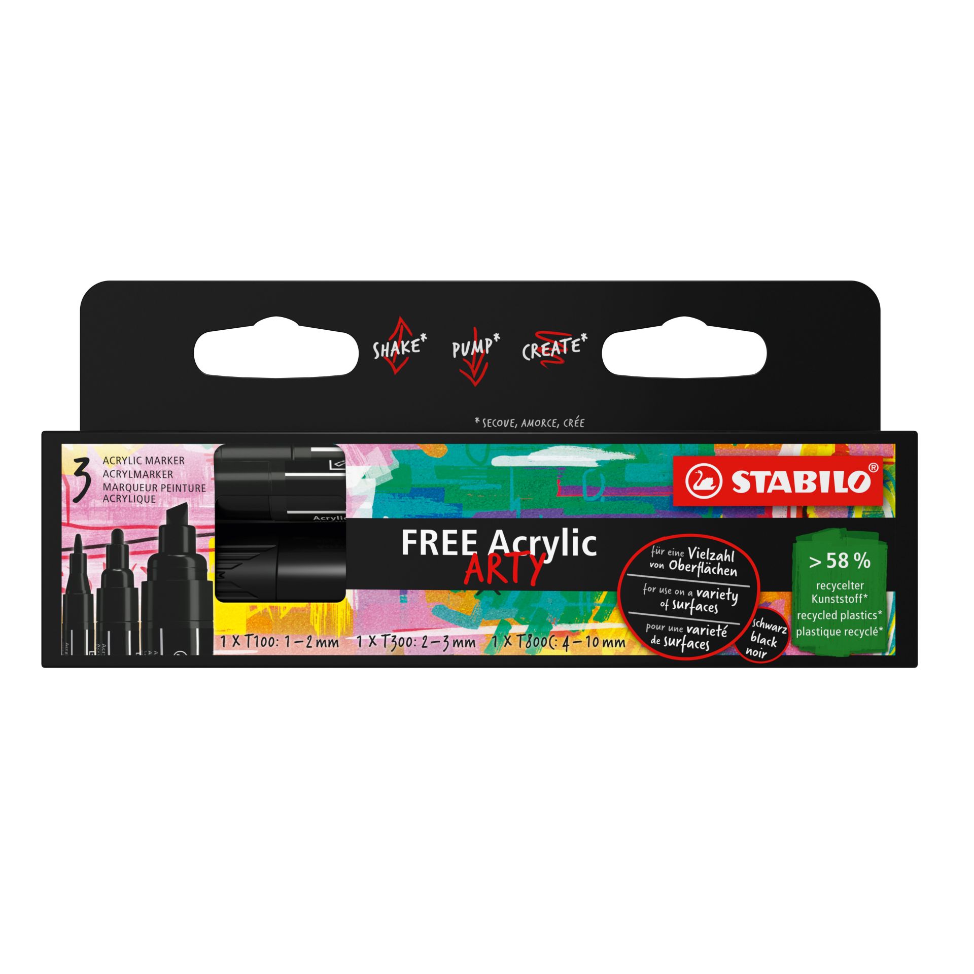 STABILO FREE Acryl Marker Arty T100-T300-T800 Zwart 3 stuks