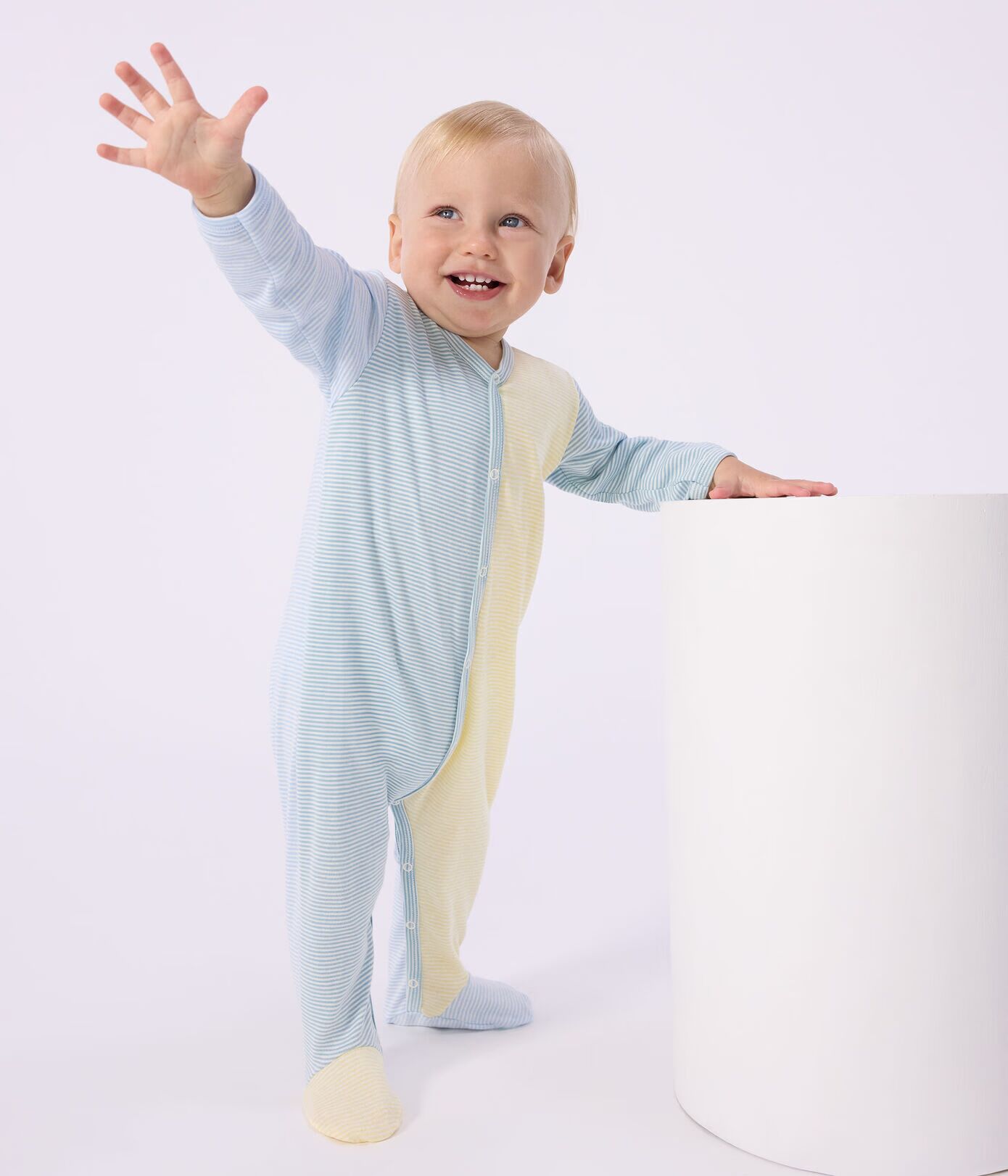 Petit Bateau Pyjama met Voetjes Baby Gestreept Blauw-Geel-Wit - 9 maand