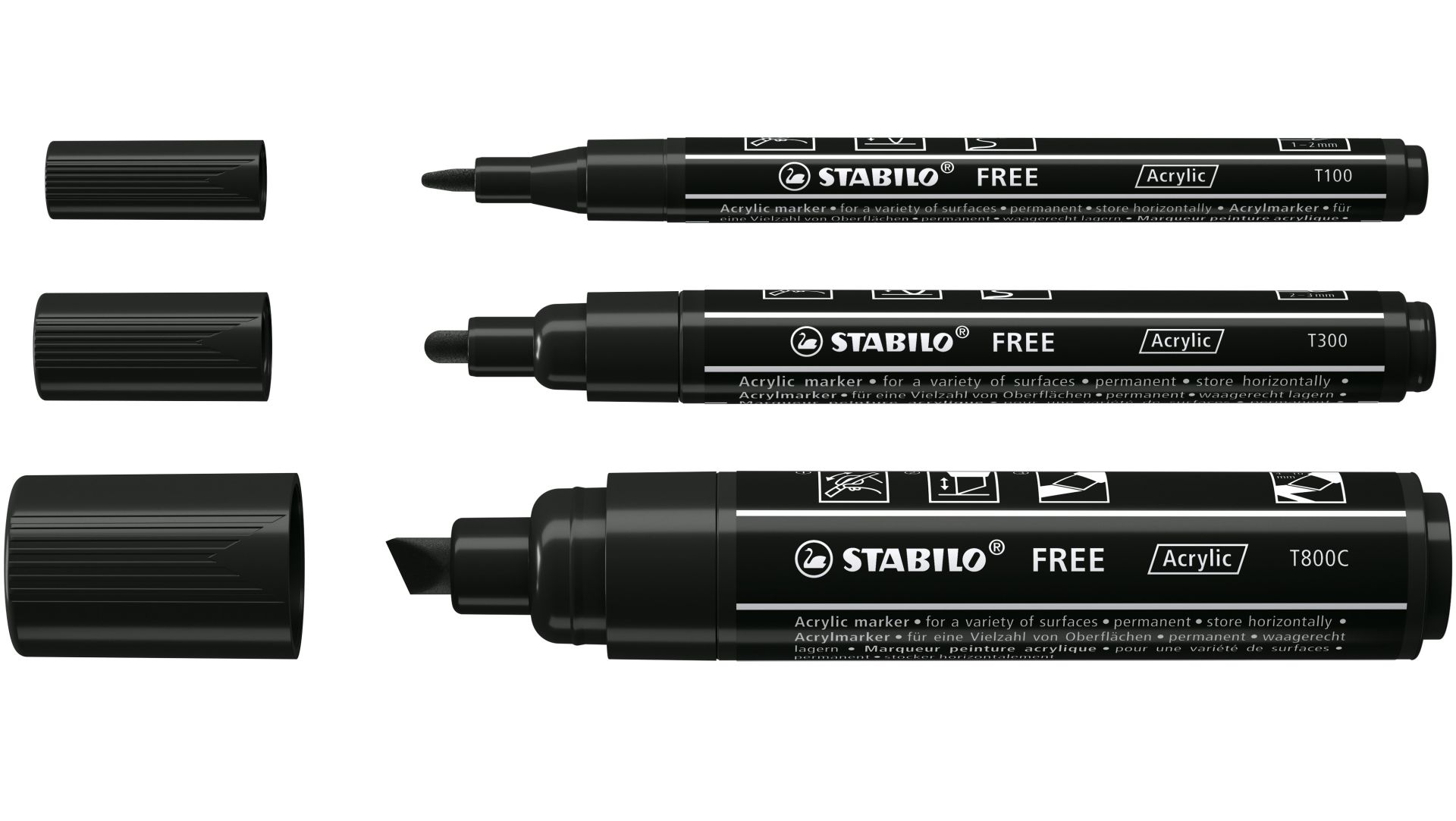 STABILO FREE Acryl Marker Arty T100-T300-T800 Zwart 3 stuks
