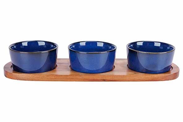 Cosy&Trendy Aperoset 4-delig Blauw Serveerplank 32x10.5 cm & 3 Bowls