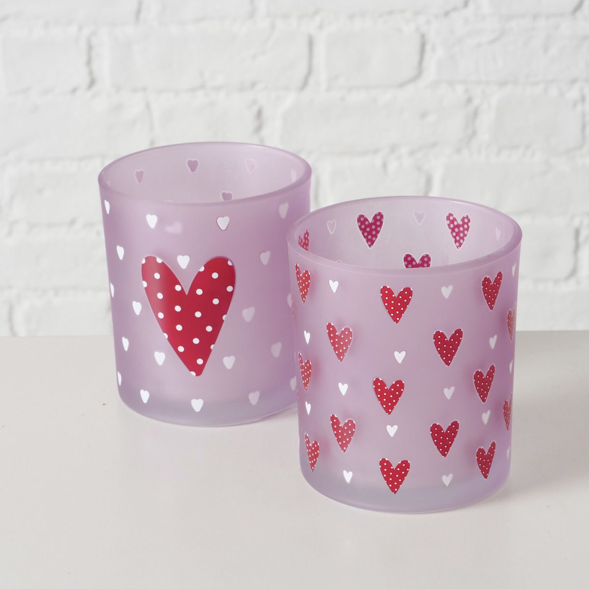 Boltze Home Theelichthouder Milena 10cm - Glas - Roze/Hartjes - assorti - prijs per stuk