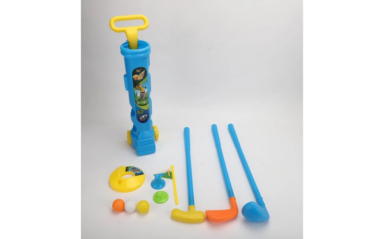 Golf Set in Koker op wielen, 3 clubs, 3 ballen, 1 hole, 1 vlag + 2 tee